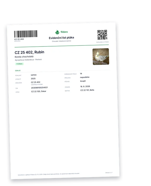 Základní evidenční list korely Rubín: čárový kód s kroužkem, QR kód, fotka, údaje z karty a rodiče