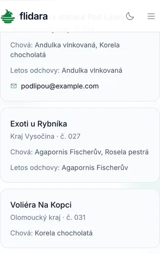 Ukázka adresáře členů klubu: chovatelské stanice s krajem, číslem člena, chovanými druhy a letošními odchovy