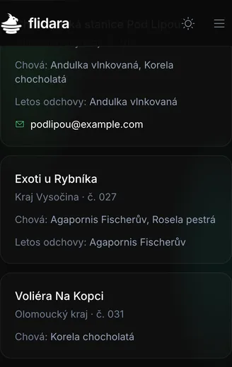 Ukázka adresáře členů klubu: chovatelské stanice s krajem, číslem člena, chovanými druhy a letošními odchovy