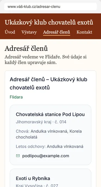 Ukázka webu klubu s vloženým adresářem členů z Flidary